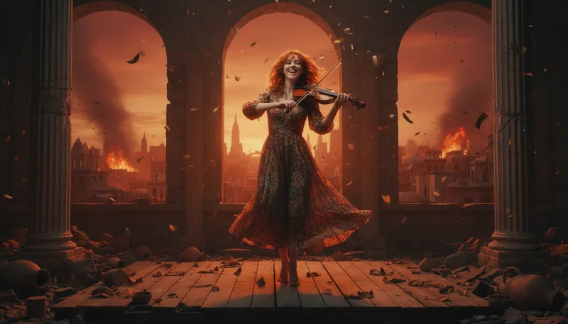 Illustration of fiddle while rome burns: to ignore problems while indulging in pleasure.