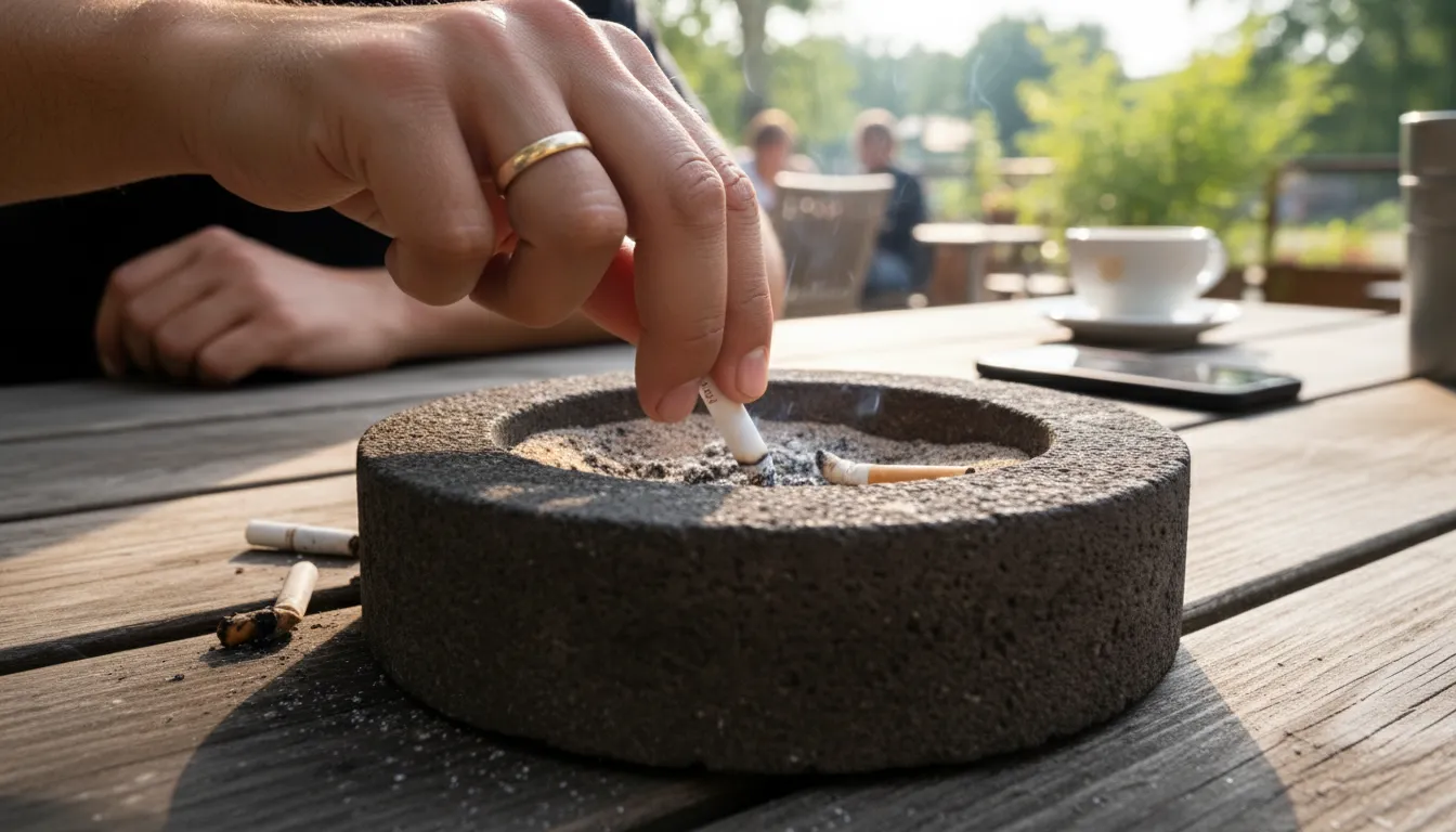 stub out-এর ইলাস্ট্রেশন: Extinguish a cigarette or similar item.