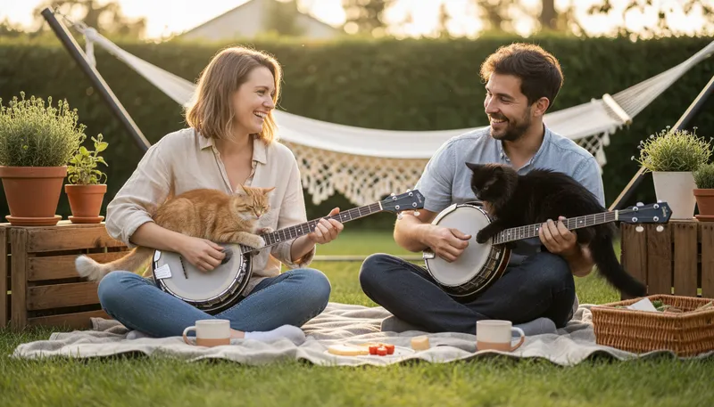 Illustration of play the cat and banjo with: Engage in playful or lighthearted activity.