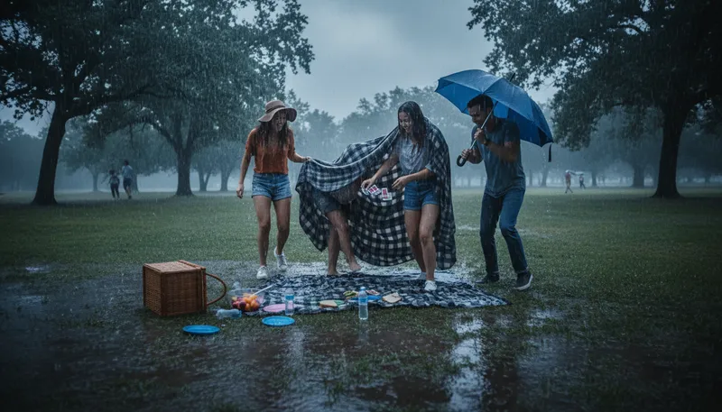 Illustration of bucket down: To rain heavily.
