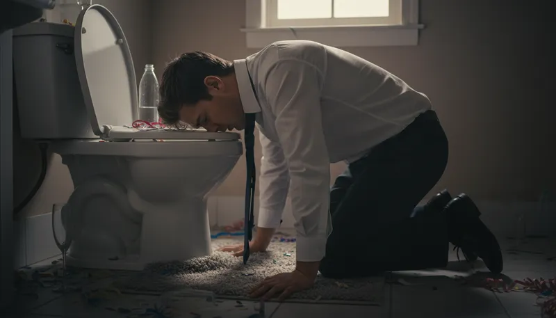 Illustration of pray to the porcelain goddess: Vomit into a toilet bowl.