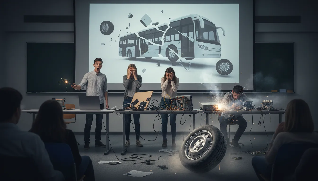 Illustration von the wheels came off the bus: Things went wrong or failed suddenly.