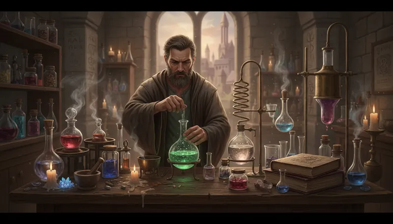 Illustration of alchemist: A person who transforms materials, often in myths.