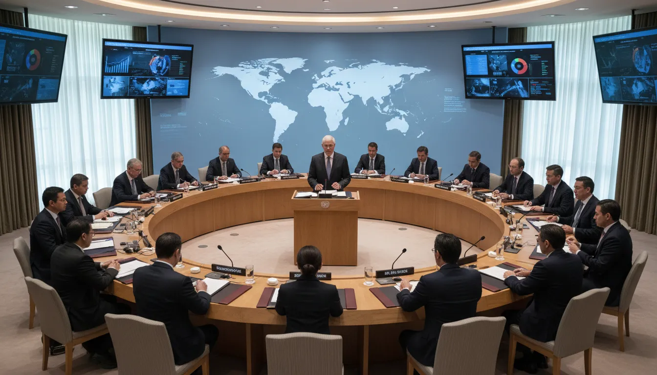 UNSC 的插圖：United Nations Security Council, a global governing body.