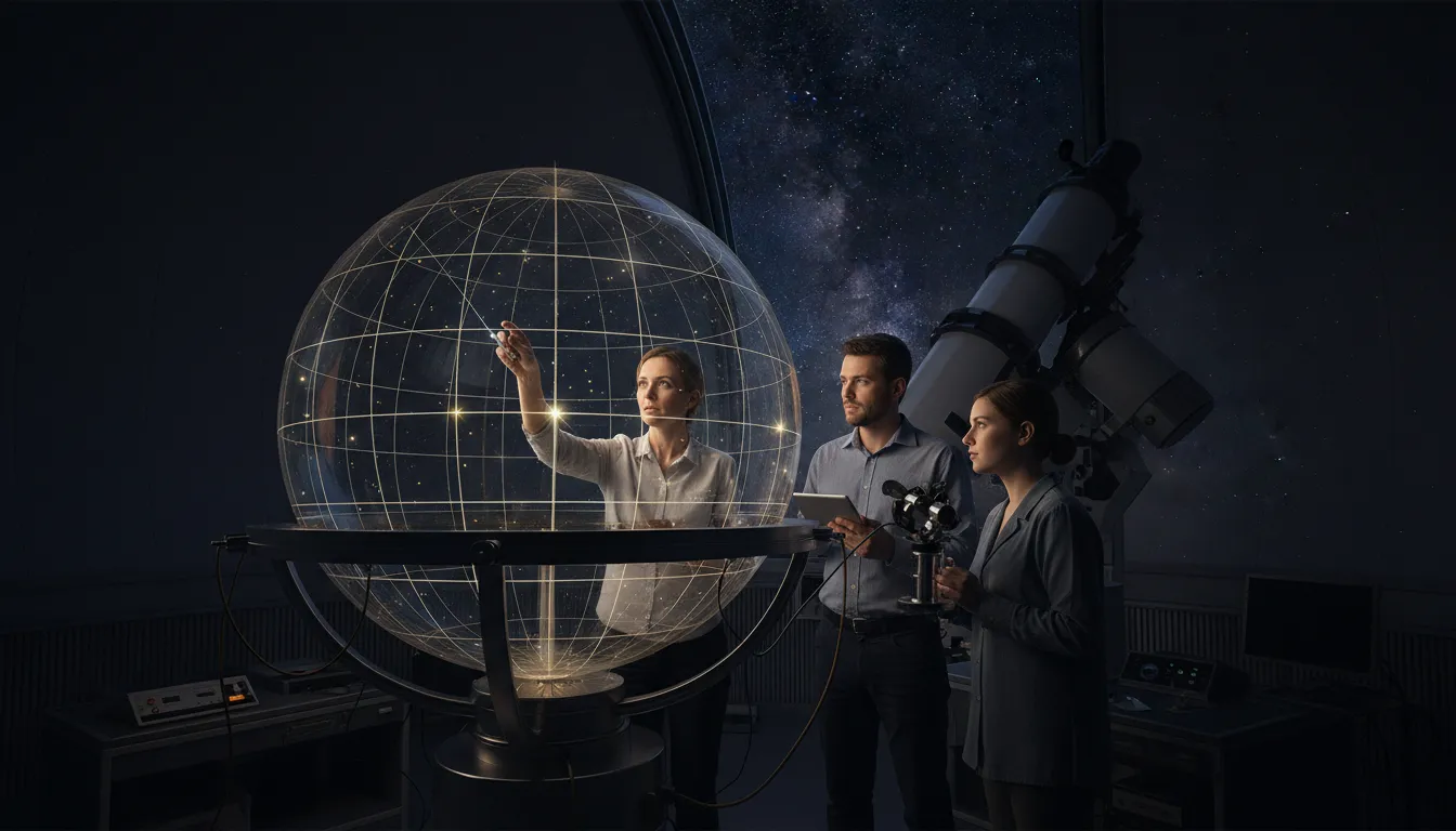 Illustration of celestial sphere: An imaginary ball around the earth on which the stars seem to lie.