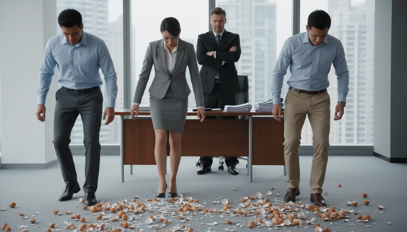 walk on eggshells 的插图：To be very careful around someone.