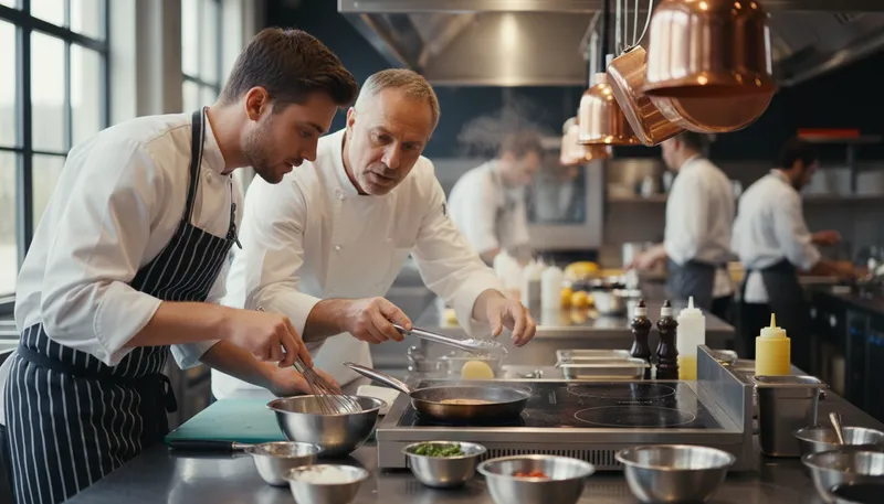 Illustration of apprentice: A person learning a trade from a skilled worker.