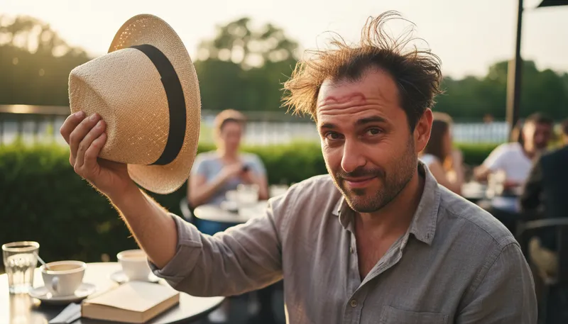 Illustration of hat hair: Messy hair after wearing a hat.