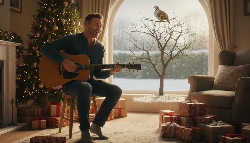 Illustration of and a partridge in a pear tree: a line from a popular Christmas song.