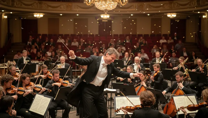 Illustration of orchestral: Related to a large group of musicians.