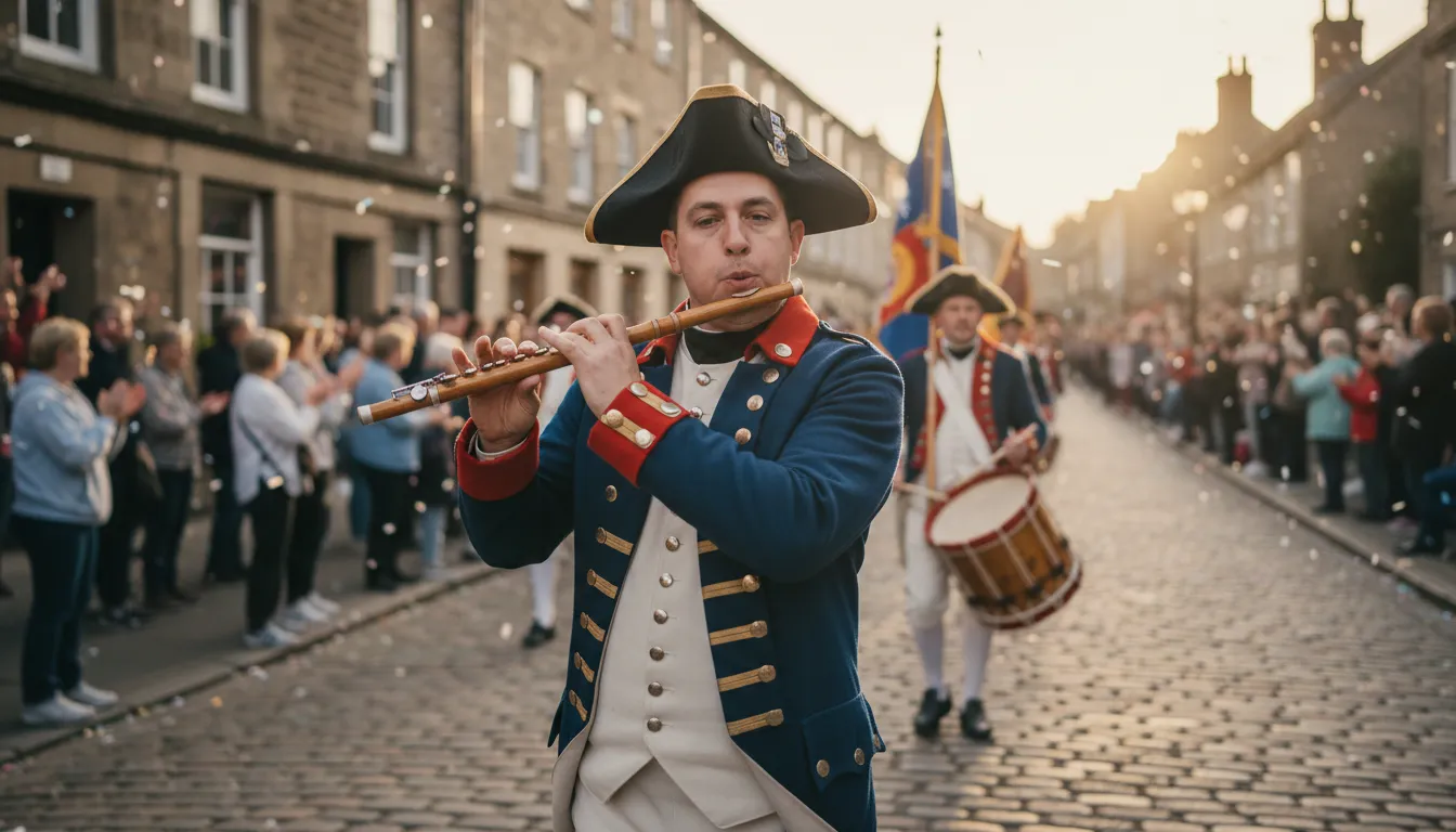 Ilustración de fife: A small, high-pitched flute used in military bands.