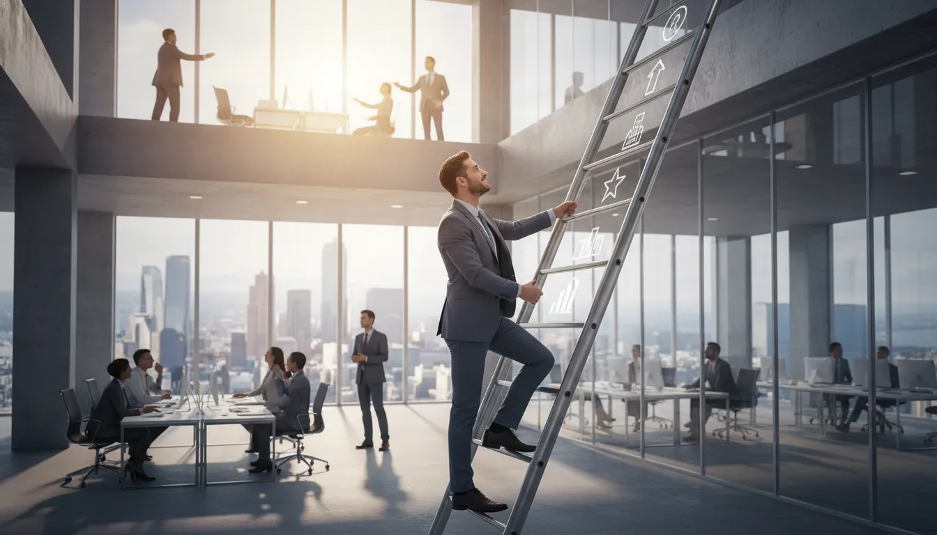 on the ladderのイラスト：in a position of advancement or success