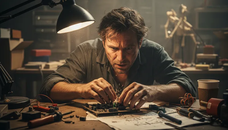 Illustration of like a man possessed: acting with intense focus or urgency.