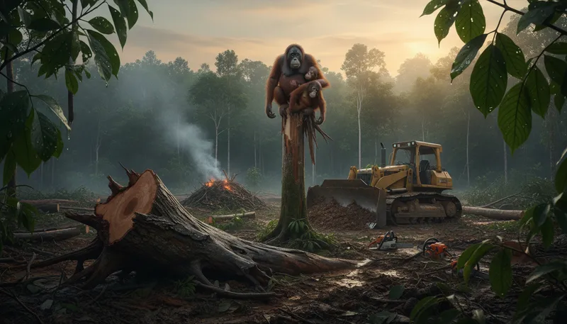 Illustration of deforestation: the clearing of trees from forests or land.
