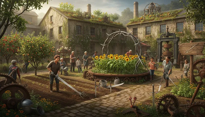 Illustration of swords to plowshares: to turn weapons into tools for peace