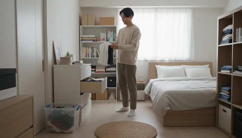 Illustration of kondo: A method of decluttering and organizing possessions.