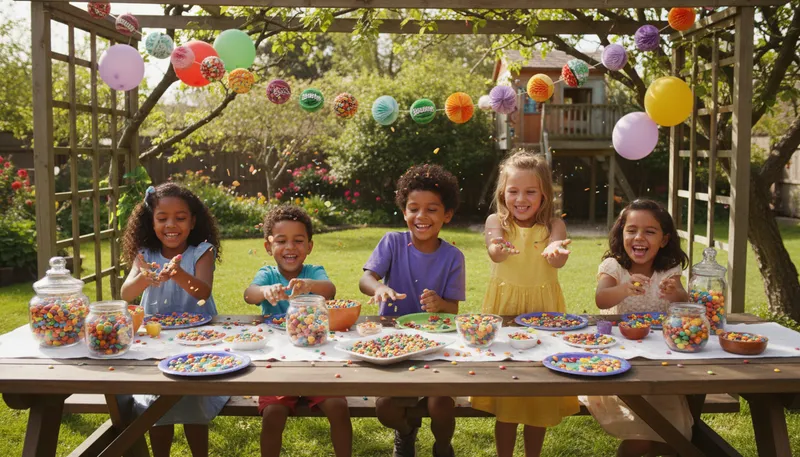 Illustration of skittles party: a party featuring rainbow-colored candy and drinks