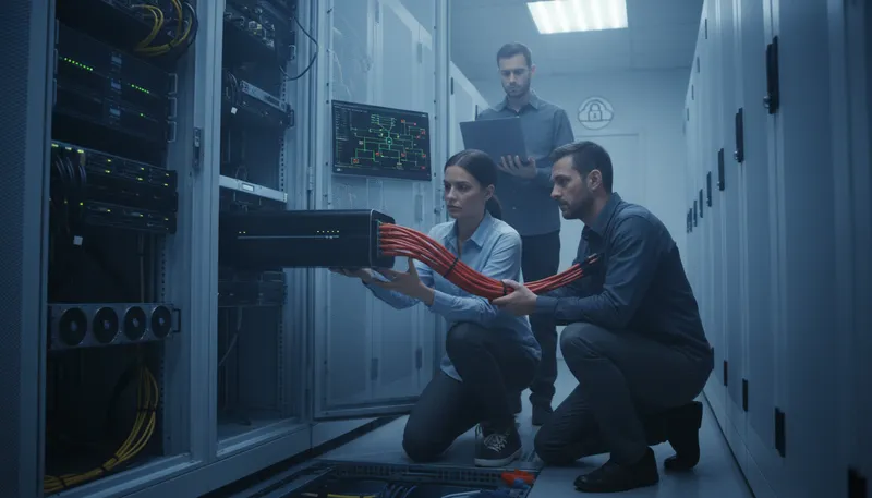 Illustration of firewall: A security system that protects networks.