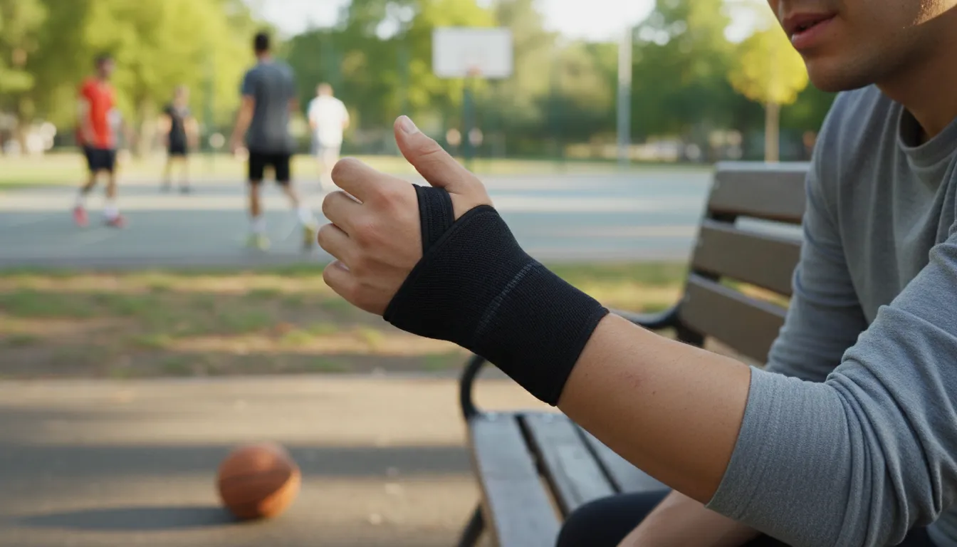Illustration von wristband: A band worn around the wrist for support.