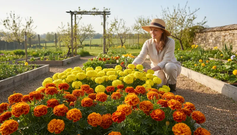 Illustration of marigold: A bright yellow-orange flowering plant.