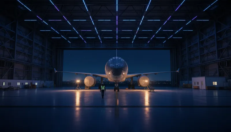 Illustration of hangar: A large building for storing aircraft.