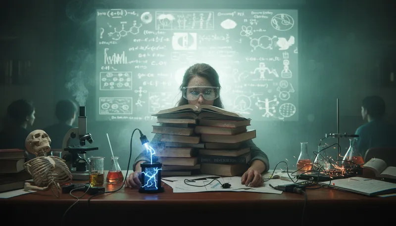 Illustration of blind with science: Overwhelmed by complex information.