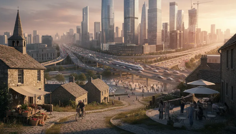 Illustration of urbanisation: The process of cities growing and expanding.