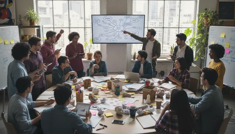Illustration of crowdsourcing: Gathering ideas or services from a large group.