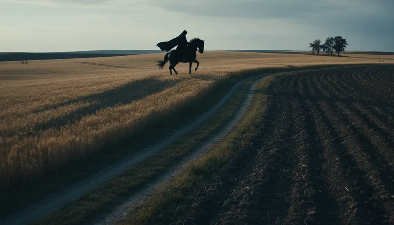 Illustration of black rider: A symbol of famine or despair.