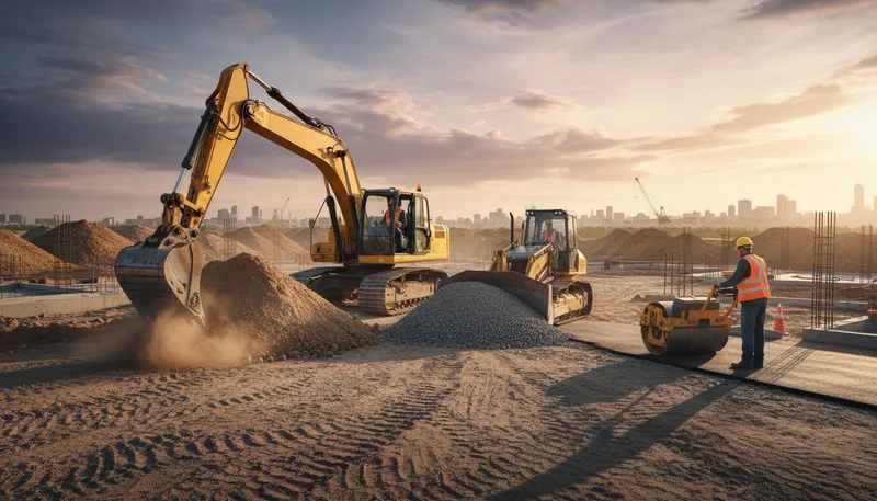 Illustration of heavy equipment: large machines for construction or industry.