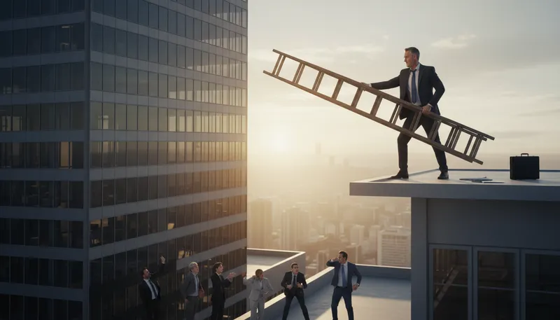 Illustration of pull the ladder up behind oneself: to cut off access or help after achieving success