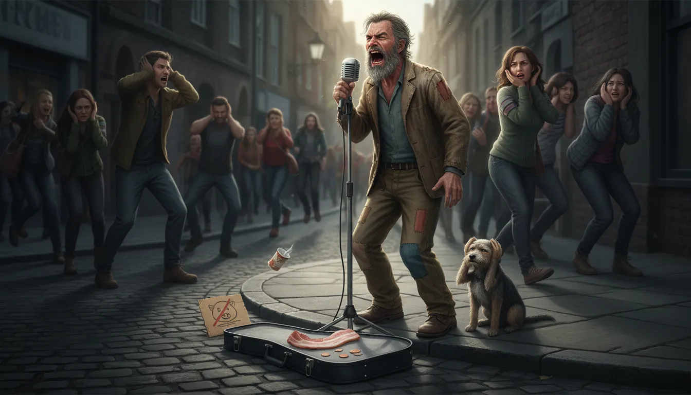 Illustrazione di good voice to beg bacon: a very harsh and unpleasant sounding voice