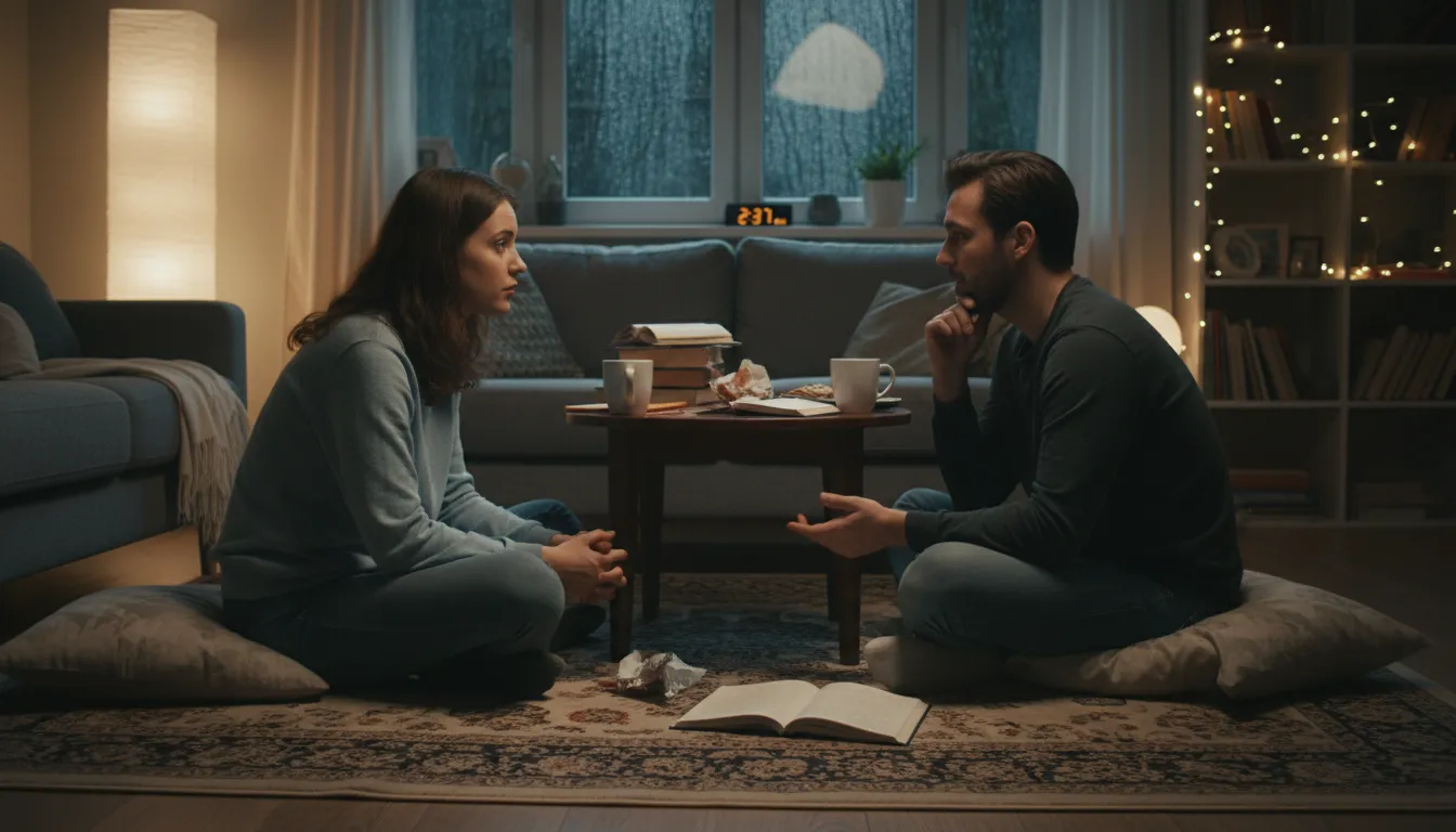 DMC-এর ইলাস্ট্রেশন: a deep and serious conversation between two people
