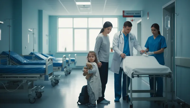 Illustration of hospitalize: To admit someone to a hospital for treatment.
