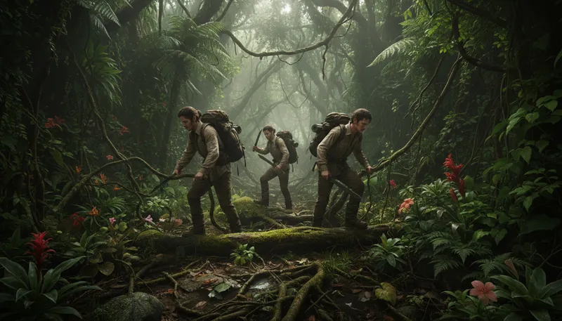 Illustration of jungle: Dense forest in a tropical region.
