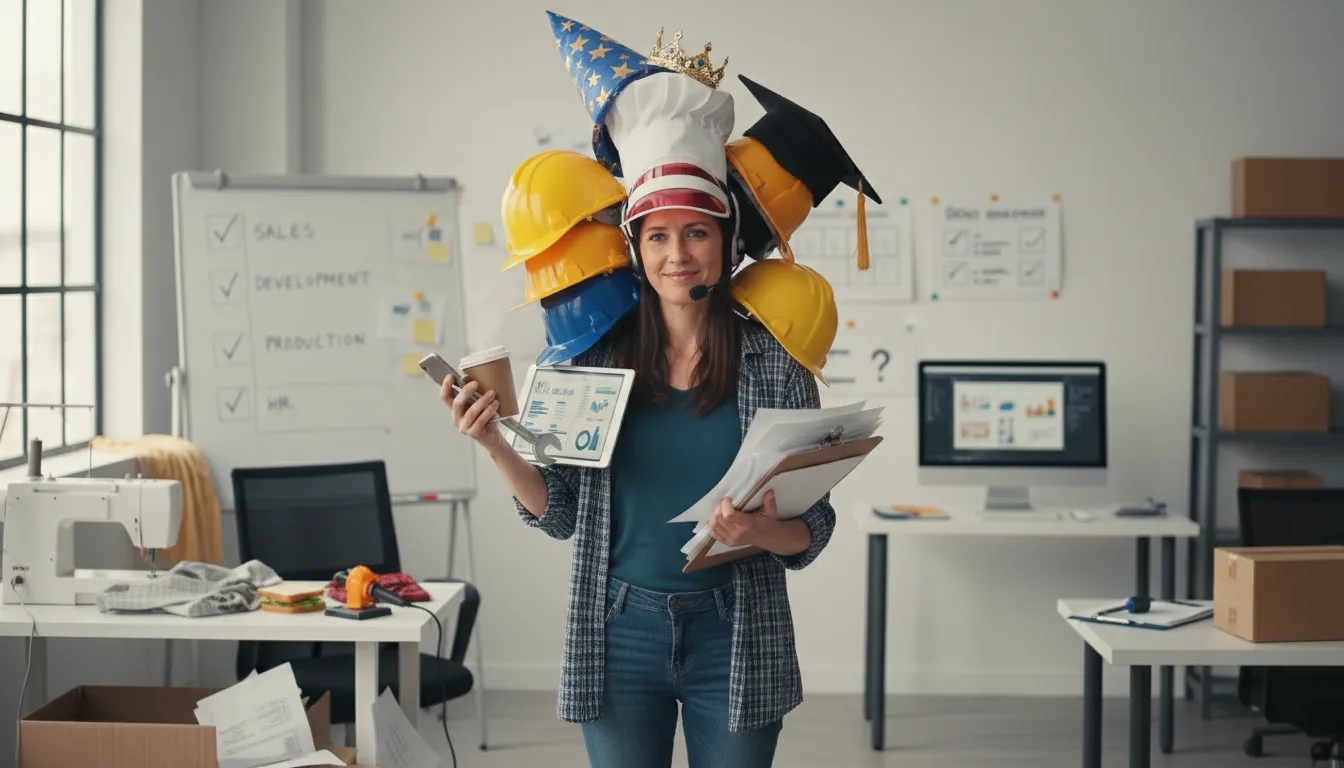 Illustrazione di wear too many hats: Take on too many roles or responsibilities.