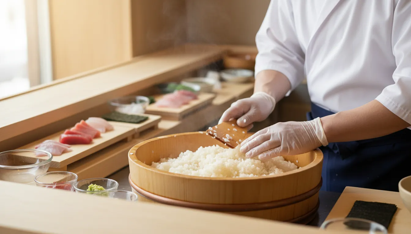 Ilustración de shari: Vinegared rice used for making sushi.