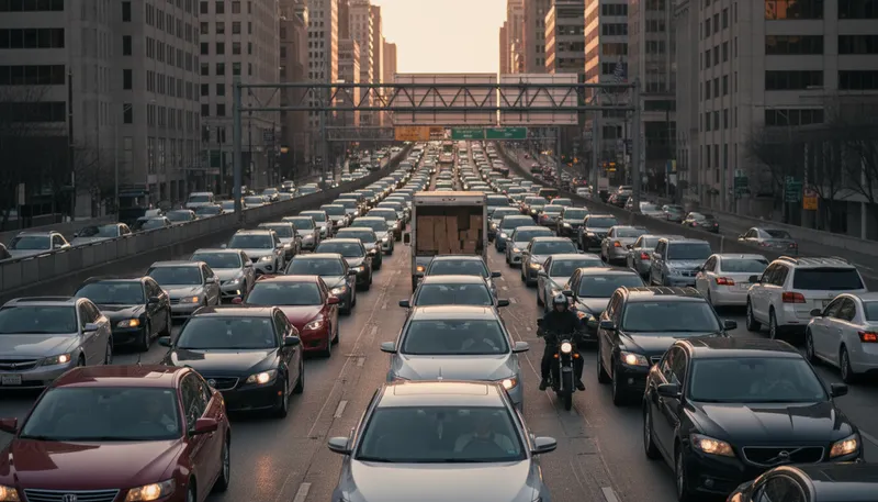 Illustration of traffic: The movement of vehicles or people on roads.