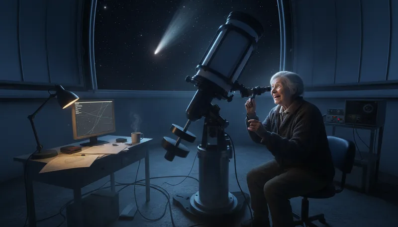 Illustration of astronomer: A scientist who studies stars and planets.