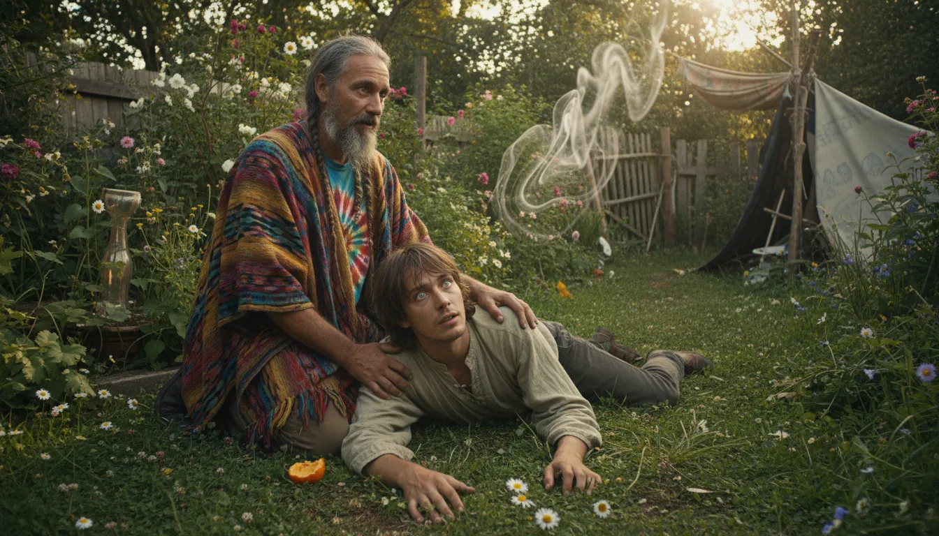 Illustration von some old hippie caught another hippie tripping on acid: a phrase used to remember math formulas