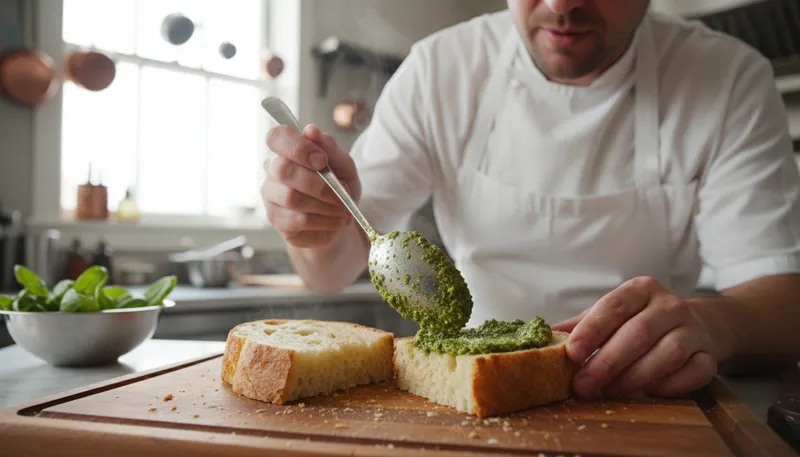 Illustration of pesto: a sauce made from basil and pine nuts