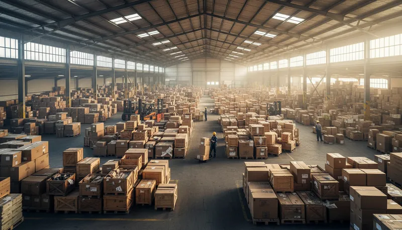 Illustration of warehouse: A large building for storing goods.