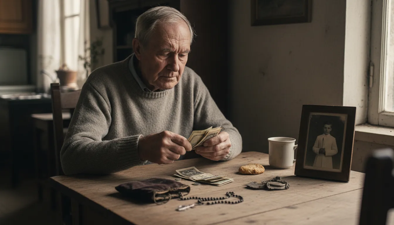 Illustration of still got your communion money: to be very stingy or careful with money