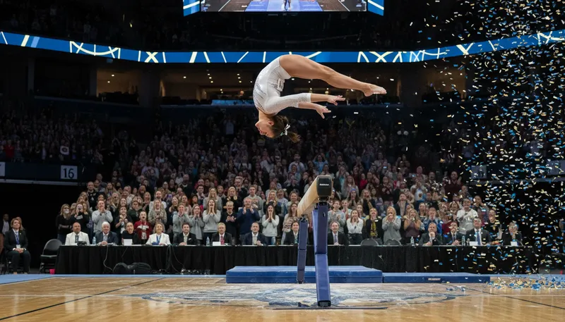 Illustration of gymnastic: Relating to gymnastic exercises or sports.
