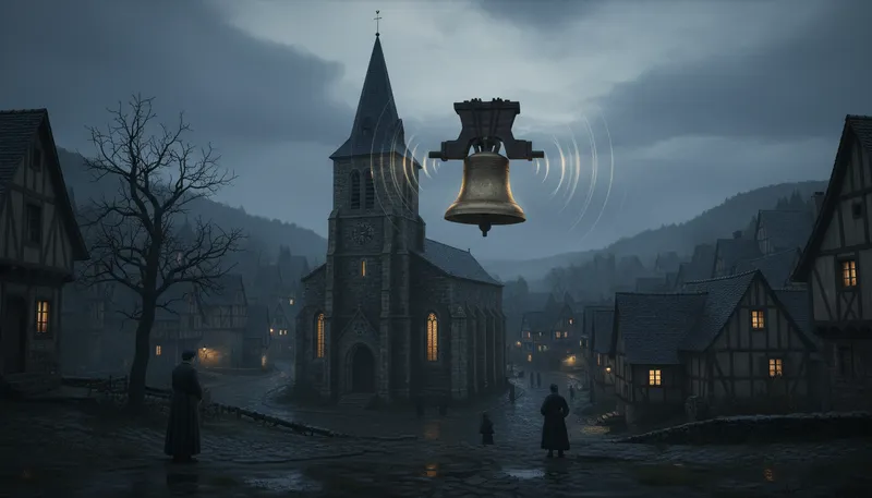 Illustration of knell: The sound of a bell signaling death.