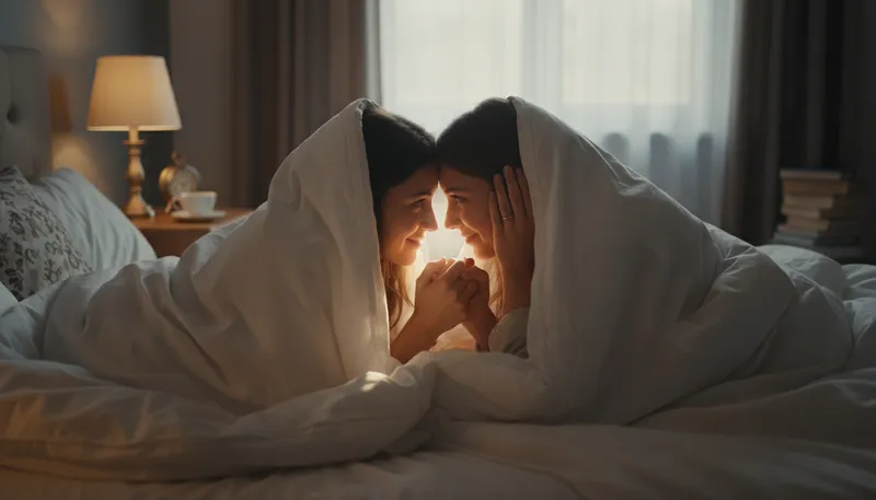 Illustration of under the sheets: intimate or secretive activities.