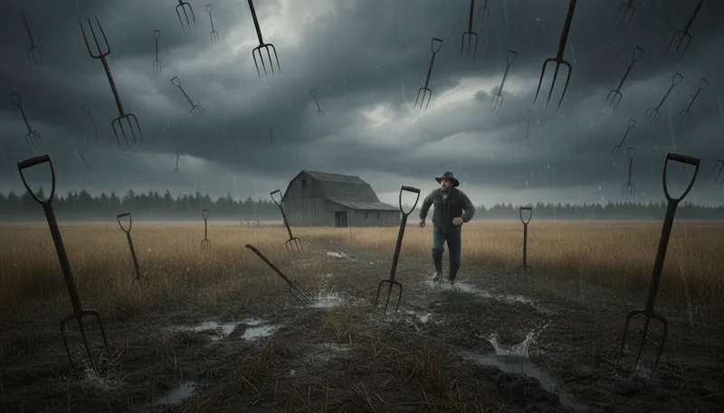 Illustration of rain pitchforks: to rain heavily or violently