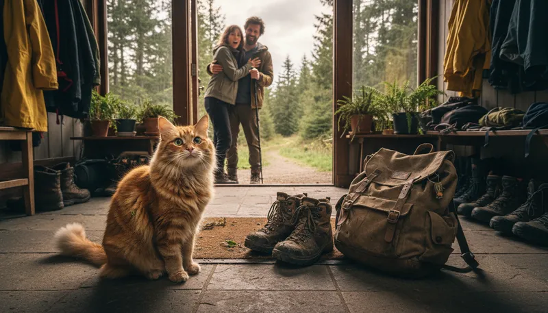 Illustration of look what the cat drug in: Surprise at someone's unexpected arrival.
