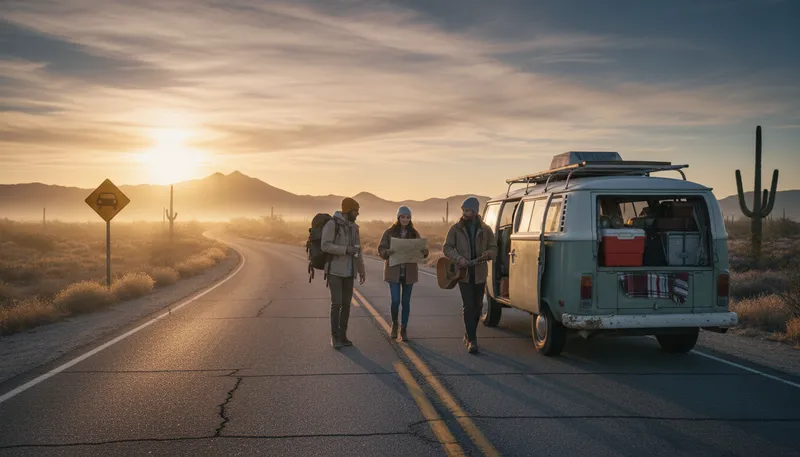 Illustration of hit the road: to leave for a journey.