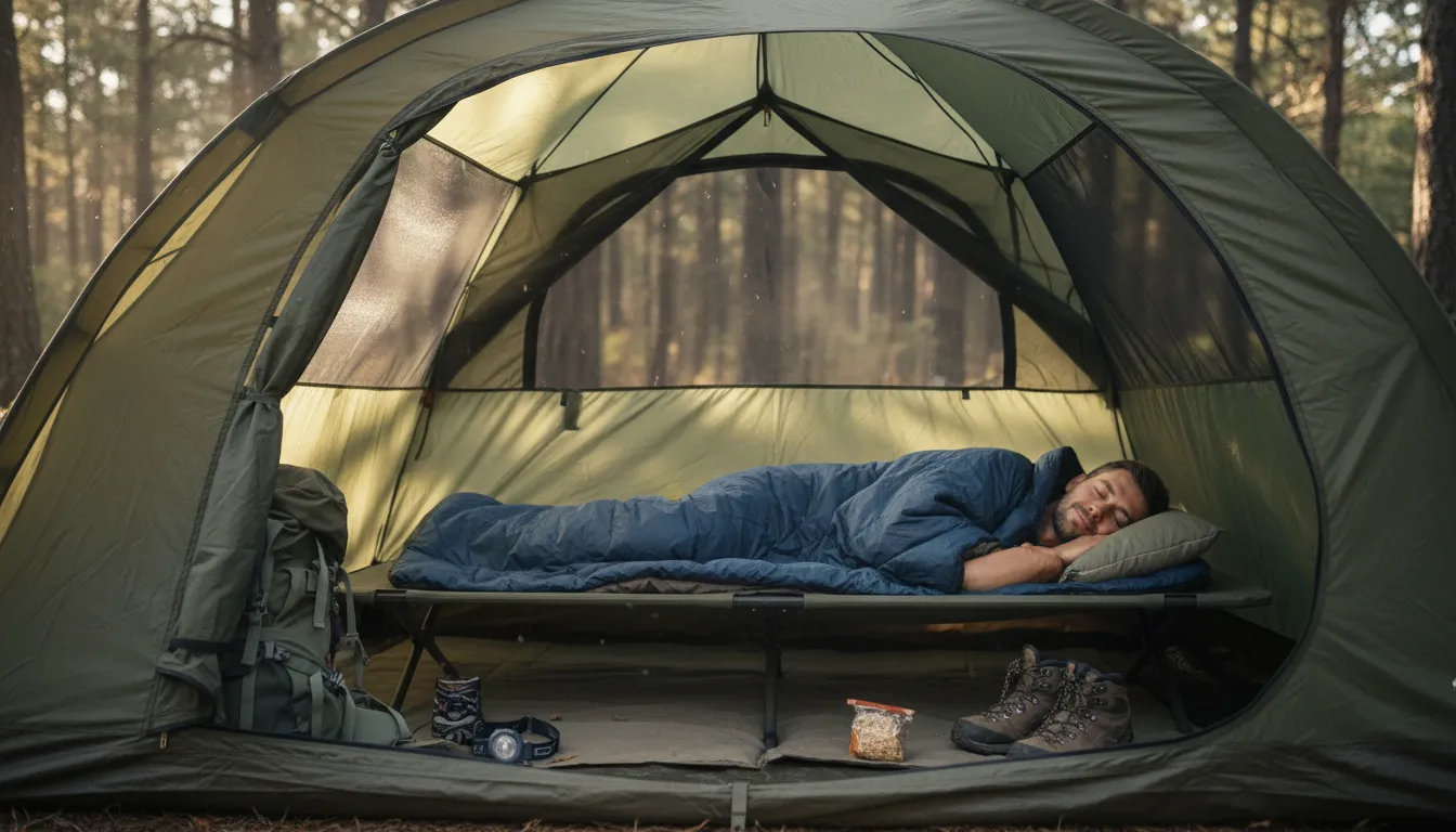 Ilustrasi cot: A small portable bed used for camping.
